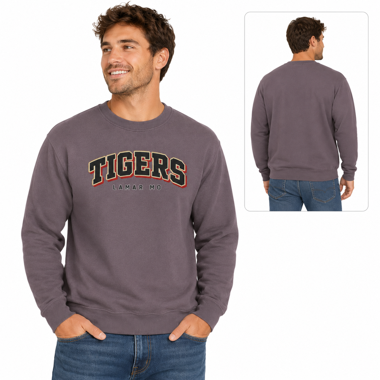 Tea Shirt Shoppe Wholesale charcoal crewneck sweatshirt with custom varsity Tigers Lamar MO graphic print