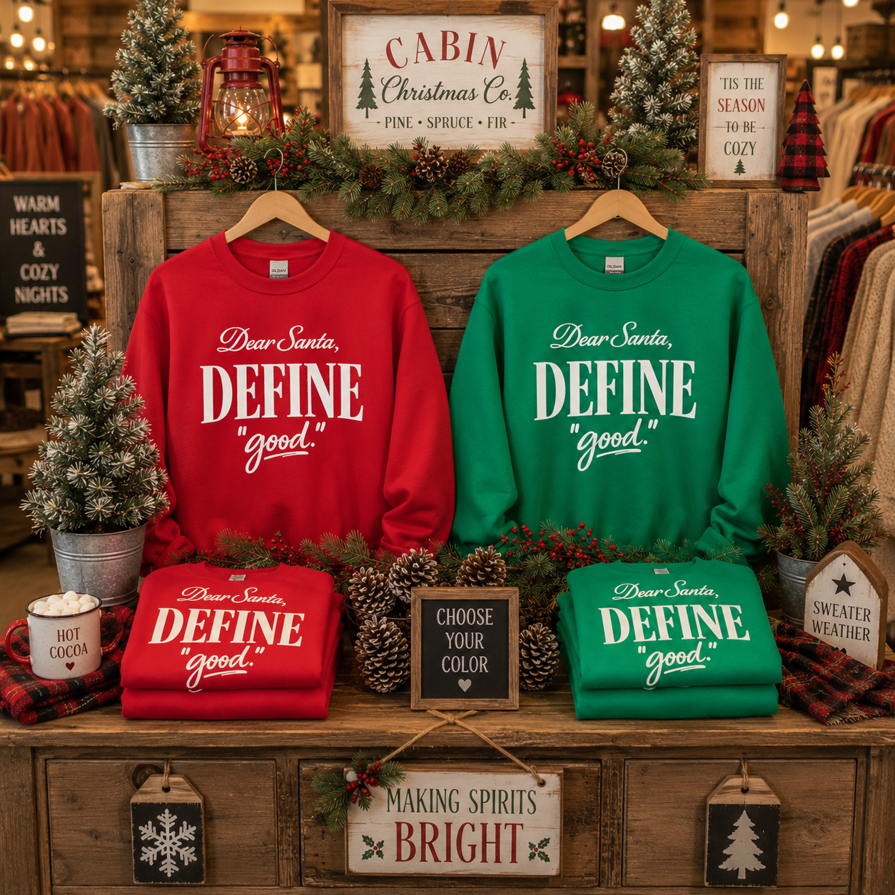 Tea Shirt Shoppe Wholesale Dear Santa Define Good Christmas sweatshirts in red and green displayed on wooden shelves.