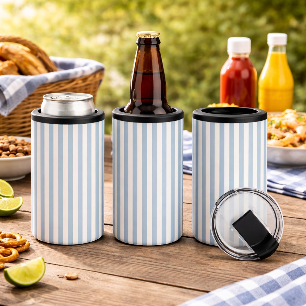 Tea Shirt Shoppe Wholesale 4-in-1 coastal blue and cream pinstripe tumbler can cooler. Holds standard cans, bottles, and skinny cans.