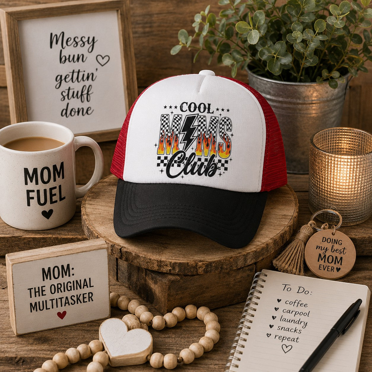 Tea Shirt Shoppe Wholesale trucker hat with white front panel, red mesh back, and black brim. Features "Cool Moms Club" text with flames and checkered flag accents.