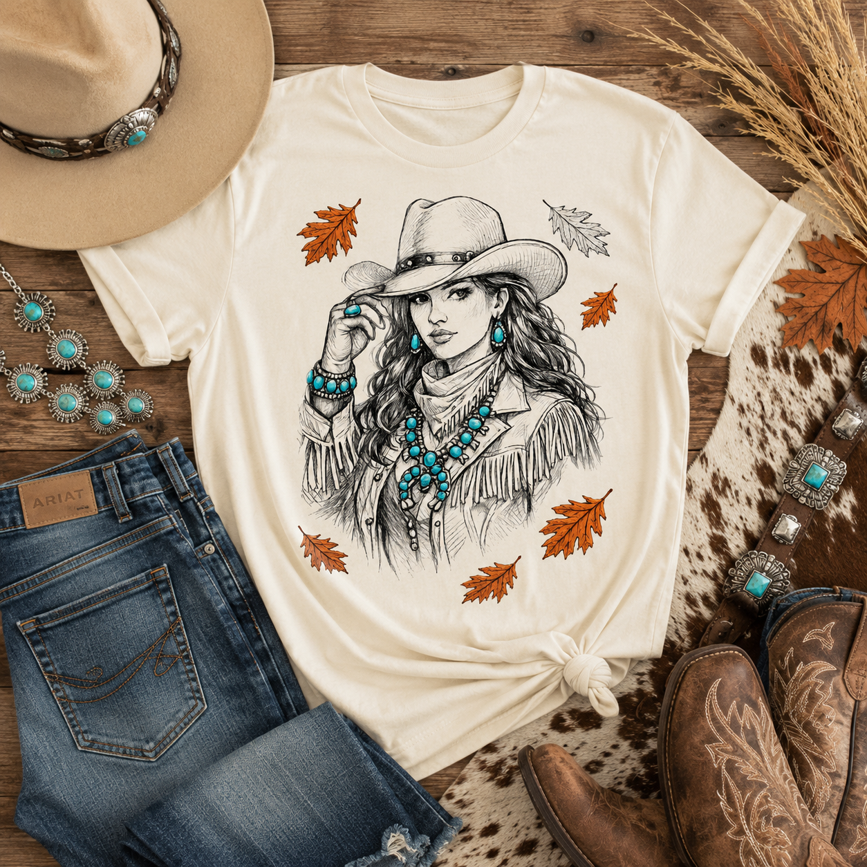 Tea Shirt Shoppe Wholesale cream graphic tee featuring a cowgirl illustration with autumn leaves and turquoise jewelry