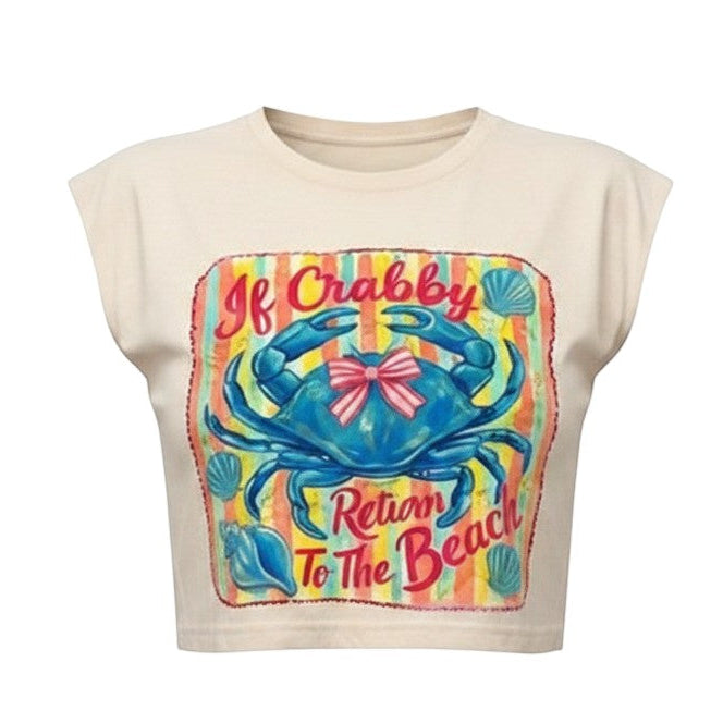 Tea Shirt Shoppe Wholesale cream 100% cotton graphic crop muscle tank with blue crab and beach graphic.