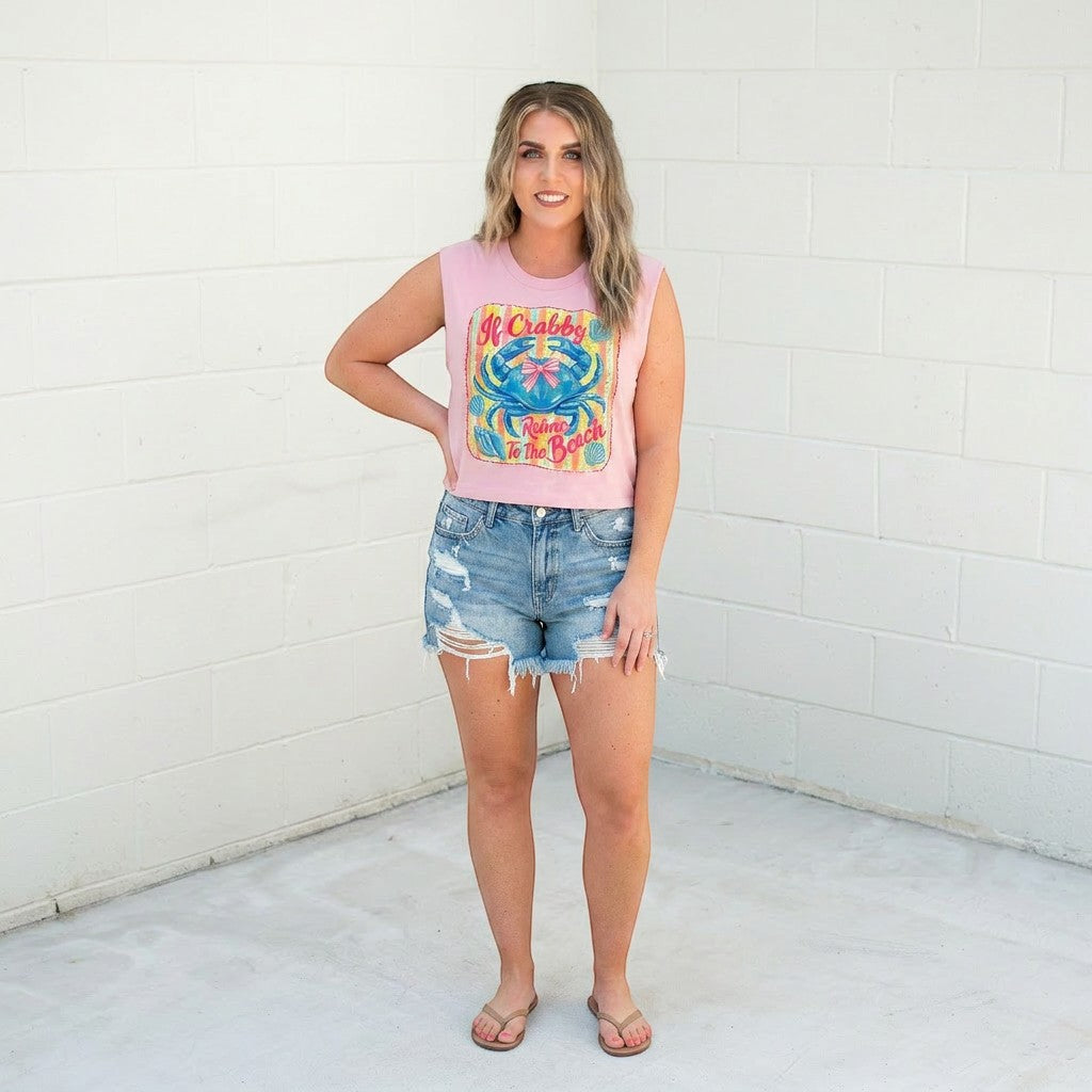 Tea Shirt Shoppe Wholesale pink 100% cotton graphic crop muscle tank with a blue crab and "If Crabby Return To The Beach" text.