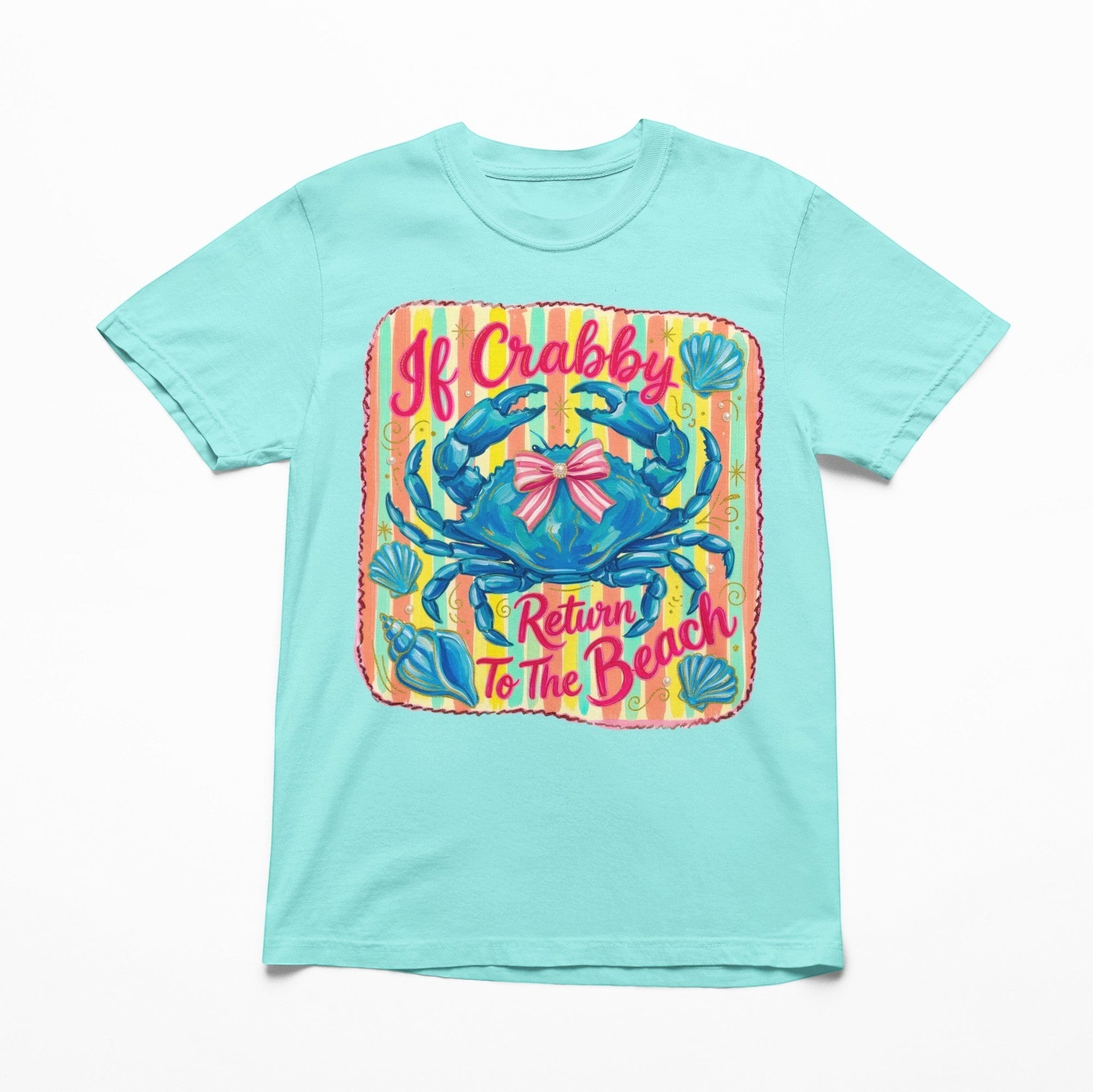 Tea Shirt Shoppe Wholesale youth graphic tee in aqua blue with a blue crab graphic and "If Crabby Return To The Beach" text.