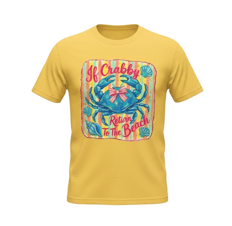 Tea Shirt Shoppe Wholesale yellow youth polyester t-shirt with a blue crab graphic that says "If Crabby Return To The Beach"