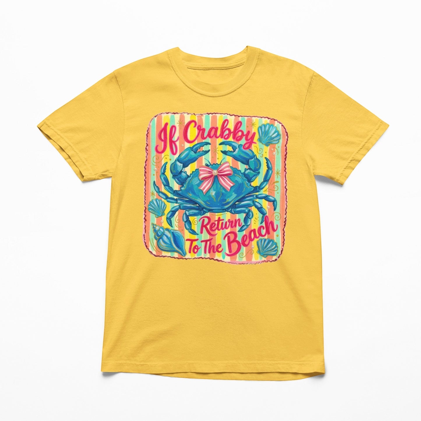 Tea Shirt Shoppe Wholesale yellow youth graphic t-shirt with a blue crab and "If Crabby Return To The Beach" text.