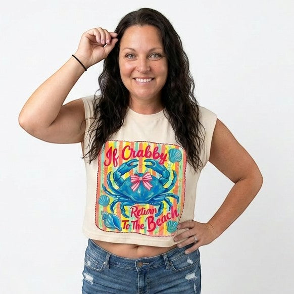 Tea Shirt Shoppe Wholesale cream 100% cotton cropped muscle tank with a blue crab graphic and "If Crabby Return To The Beach" text.