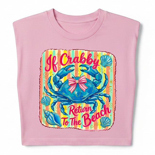 Tea Shirt Shoppe Wholesale pink 100% cotton graphic crop muscle tank with blue crab and "If Crabby Return To The Beach" text.