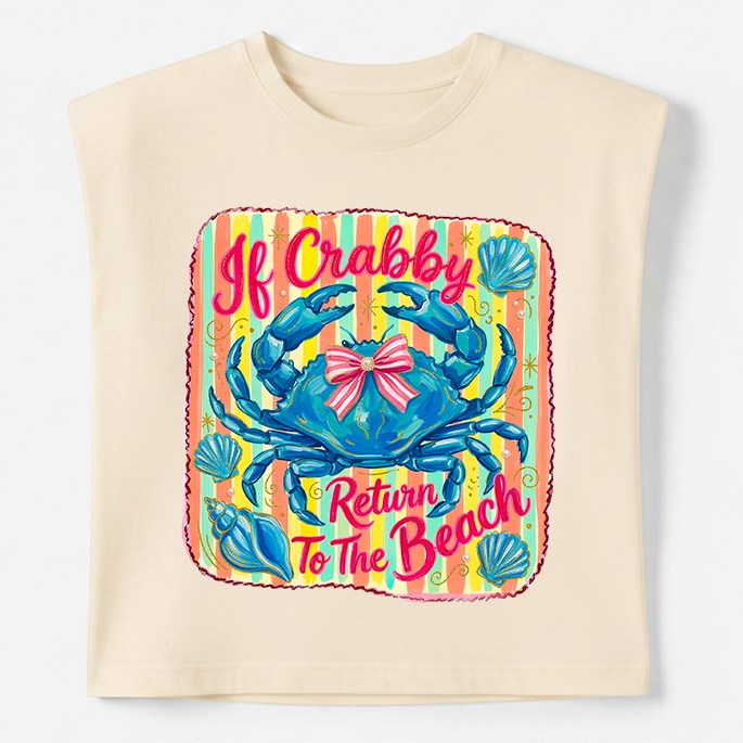Tea Shirt Shoppe Wholesale cream 100% cotton graphic crop muscle tank with blue crab and
