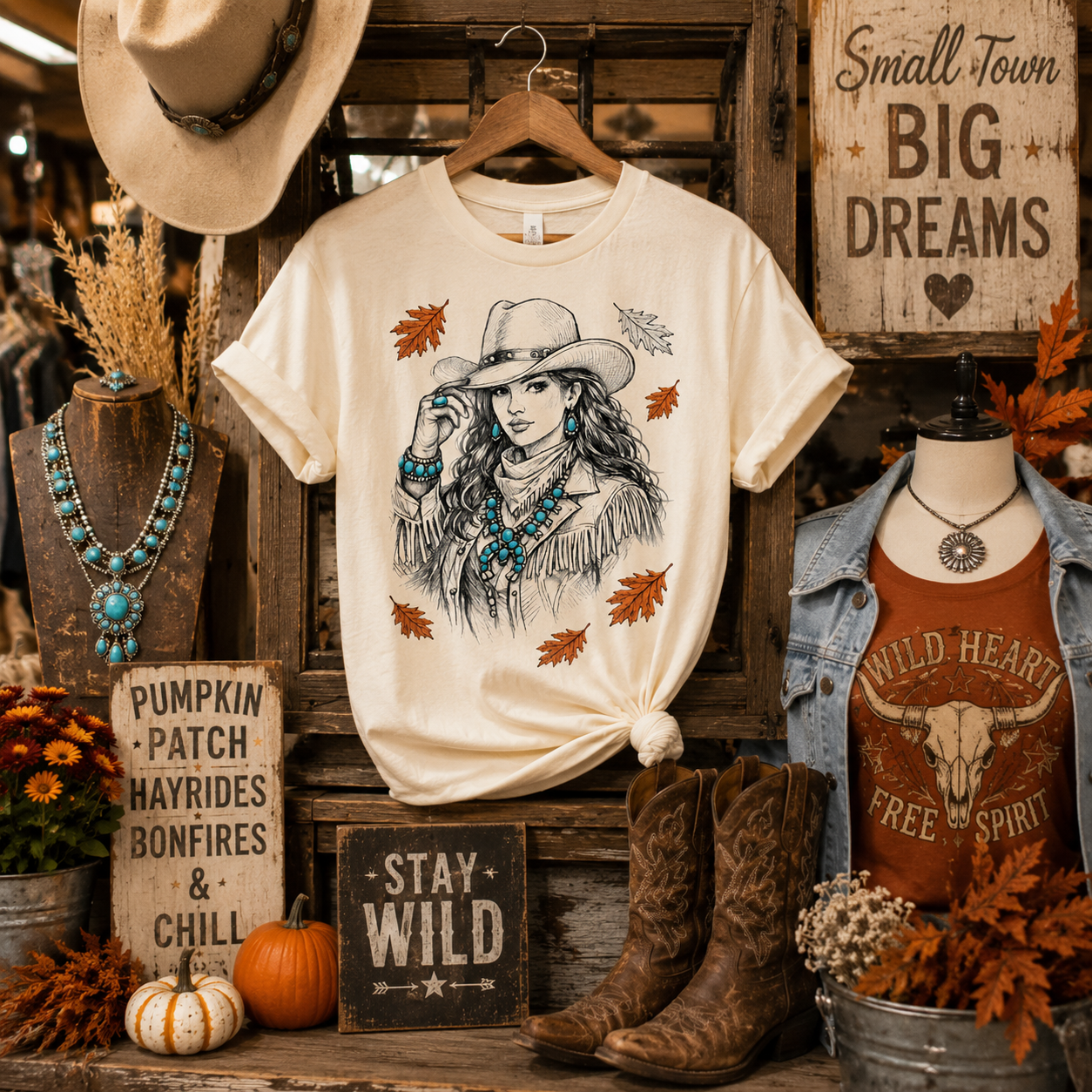Tea Shirt Shoppe Wholesale cream graphic tee featuring a cowgirl illustration with autumn leaves in a rustic setting.