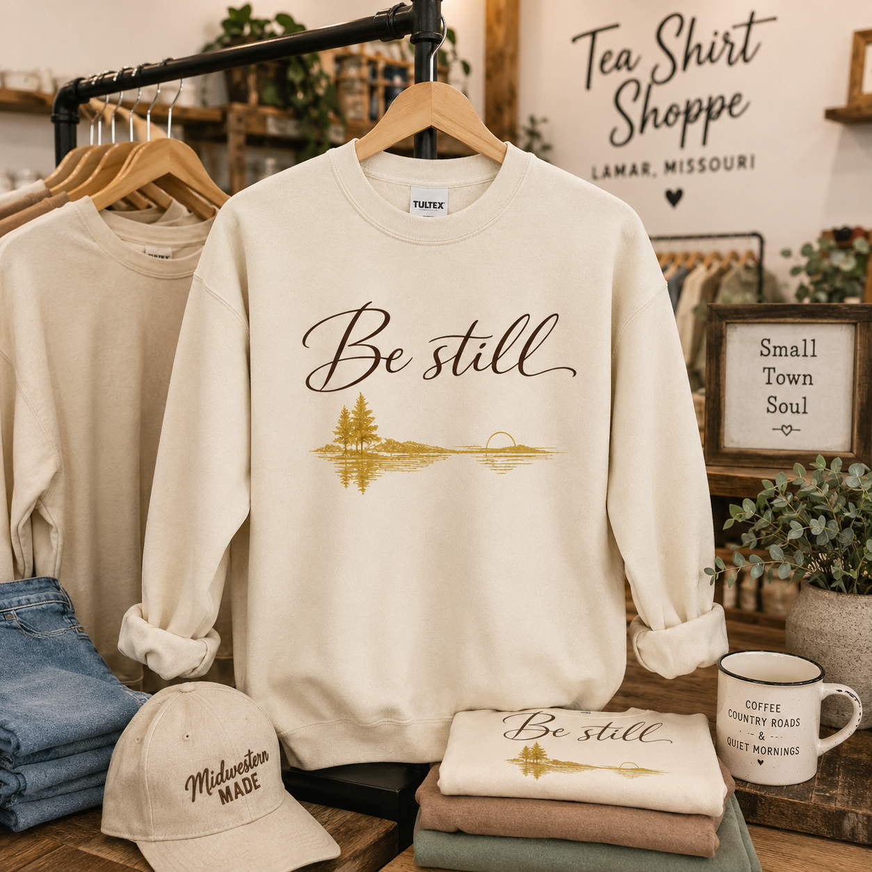 Tea Shirt Shoppe Wholesale cream crewneck sweatshirt with Be Still graphic featuring a lakeside sunset illustration.