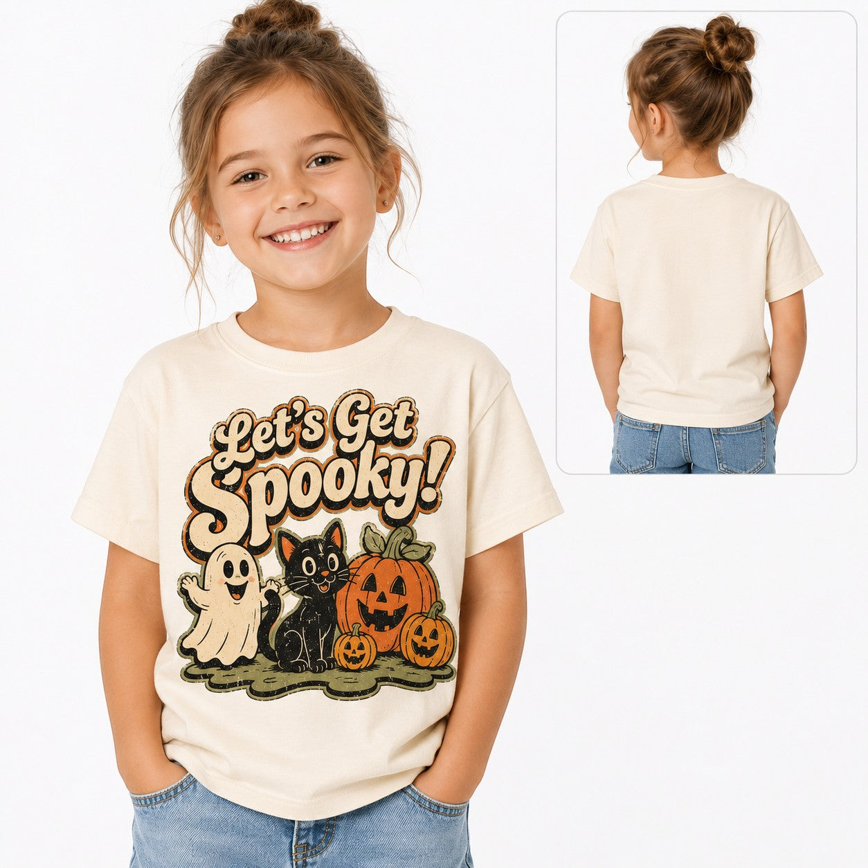 Tea Shirt Shoppe Wholesale cream graphic tee with vintage Halloween ghost, cat, and pumpkin print on a young girl.