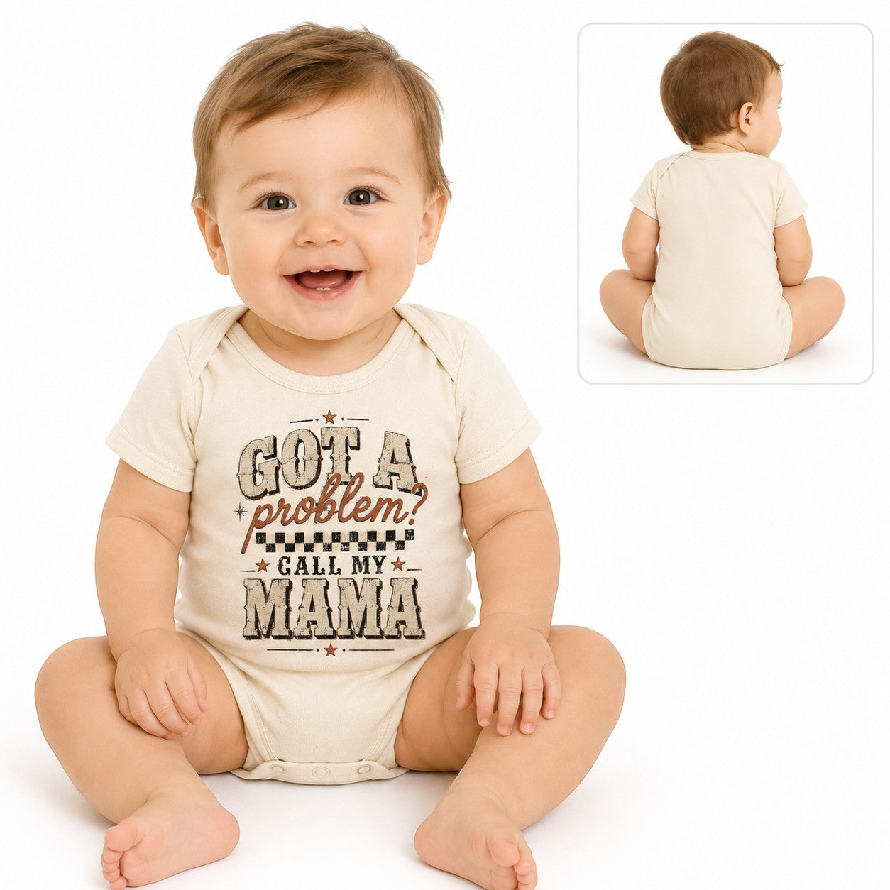 Tea Shirt Shoppe Wholesale cream infant bodysuit with Got a Problem Call My Mama vintage graphic on a smiling baby.
