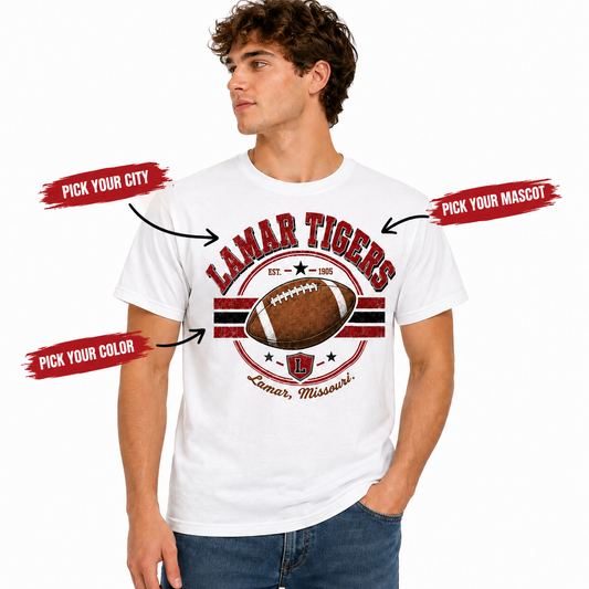 Tea Shirt Shoppe Wholesale custom Comfort Colors white graphic tee with football design on a male model