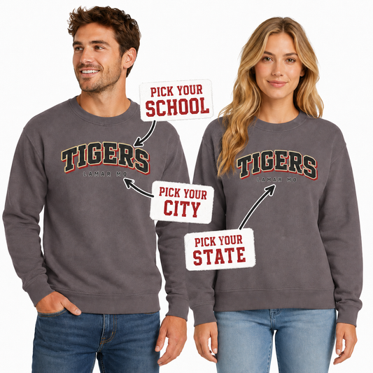 Tea Shirt Shoppe Wholesale charcoal crewneck sweatshirt with custom varsity arch school name and city text