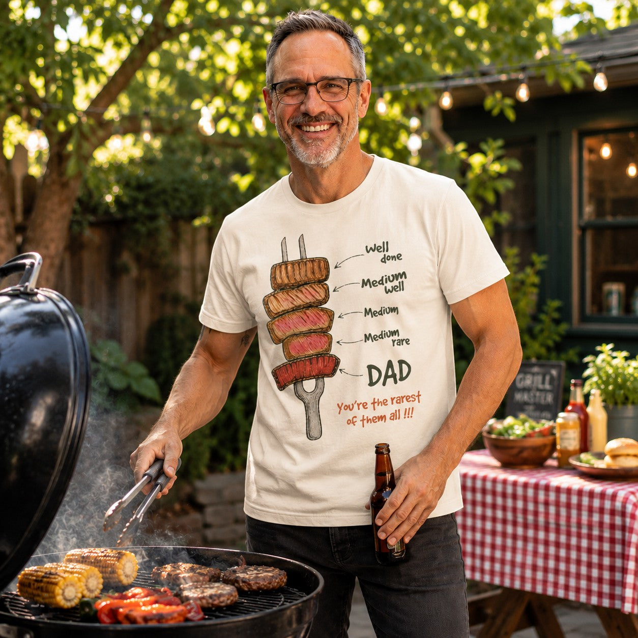 Tea Shirt Shoppe Wholesale cream graphic tee with steak doneness levels and "DAD You're the rarest of them all!!!" text.