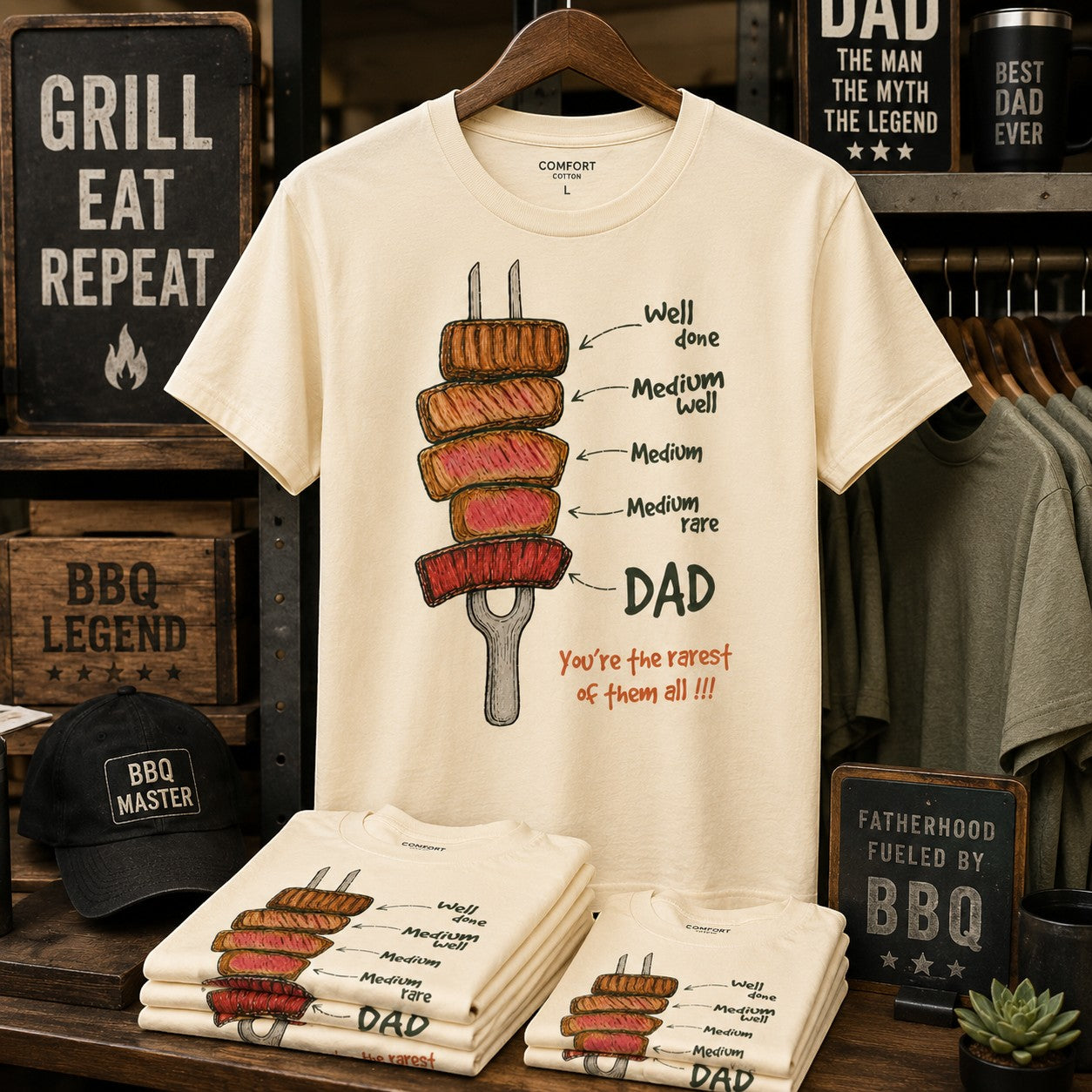 Tea Shirt Shoppe Wholesale cream graphic tee with stacked steaks labeled well done to medium rare, with "DAD" and "You're the rarest of them all!!!"