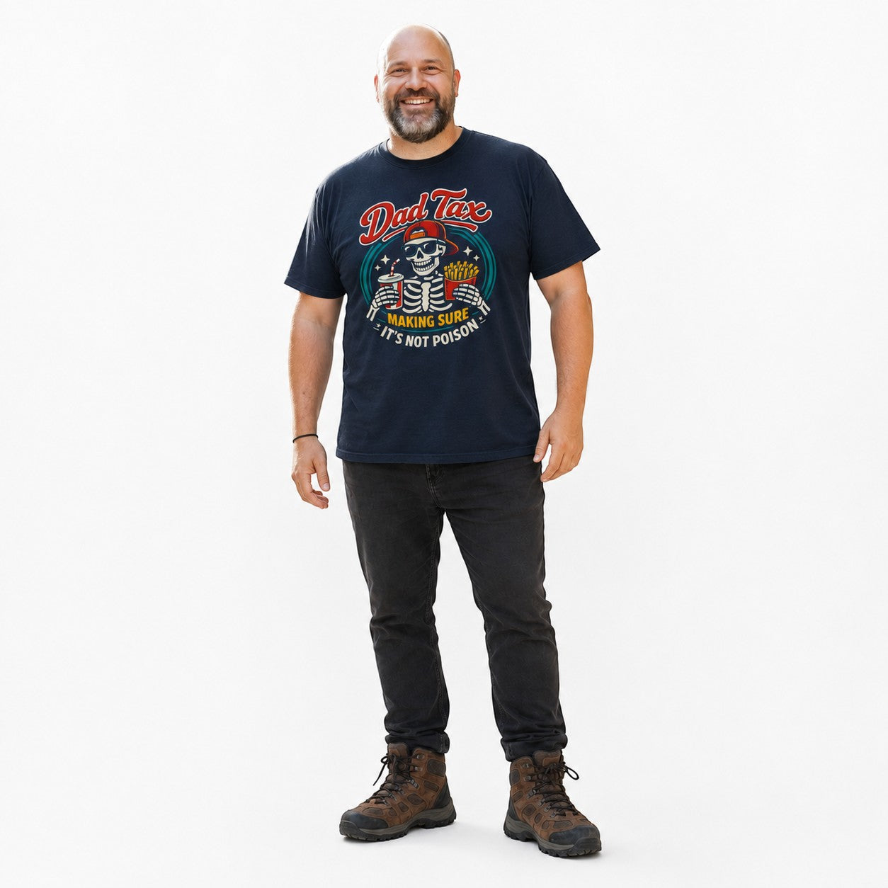 Tea Shirt Shoppe Wholesale navy blue cotton graphic tee with skeleton, sunglasses, drink, and fries. "Dad Tax: Making Sure It's Not Poison" text.