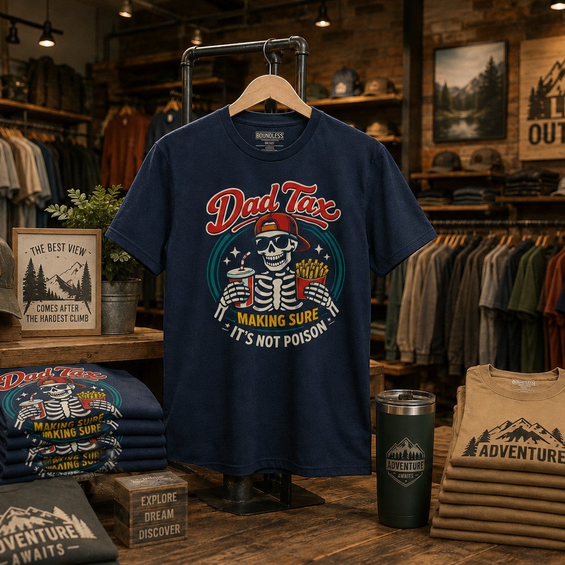 Tea Shirt Shoppe Wholesale navy blue cotton graphic tee with a skeleton wearing sunglasses and a red cap, holding fries and a drink. Text reads "Dad Tax: Making Sure It's Not Poison".