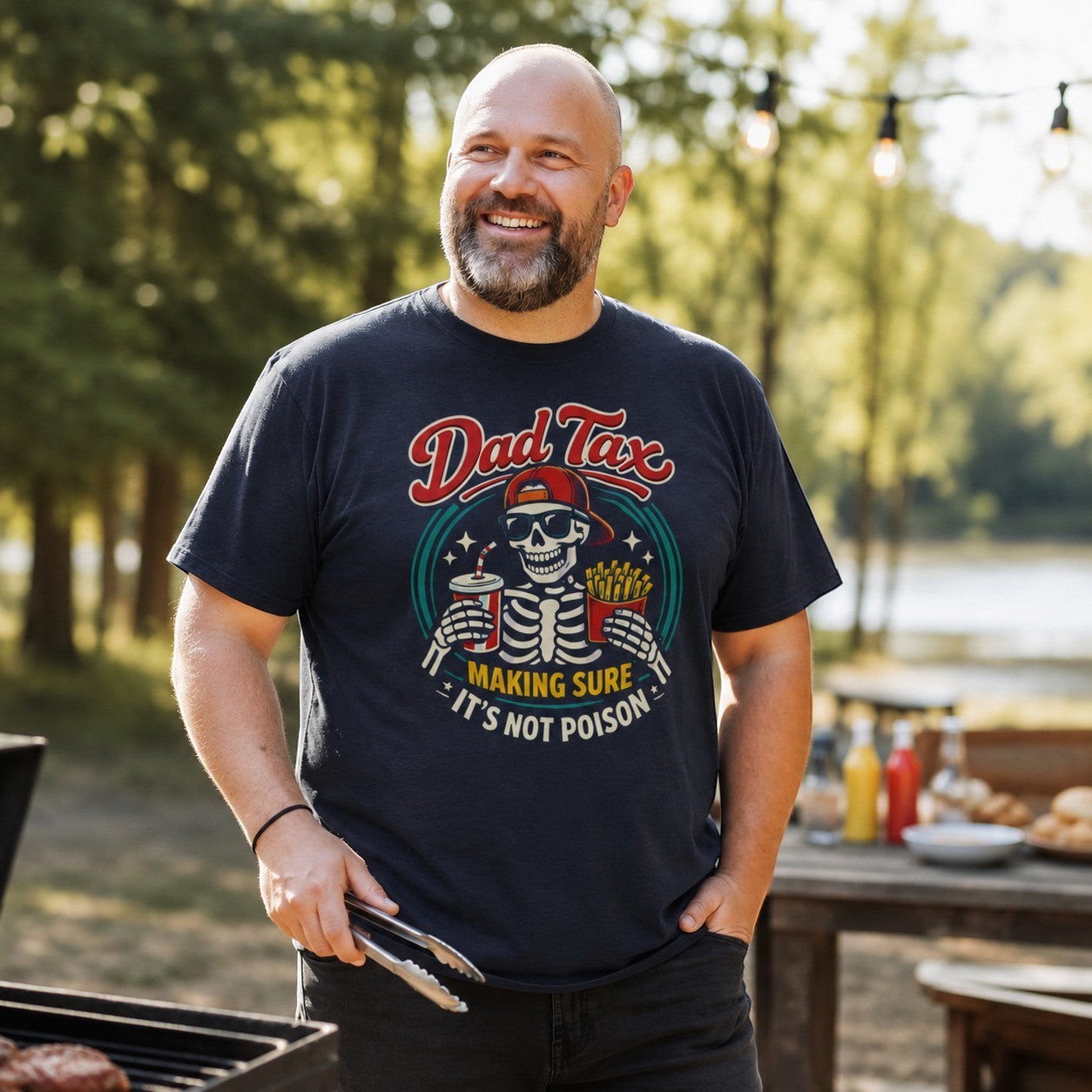 Navy blue cotton graphic tee from Tea Shirt Shoppe Wholesale with a skeleton wearing sunglasses and a red cap, holding fries and a drink. Text reads "Dad Tax: Making Sure It's Not Poison."