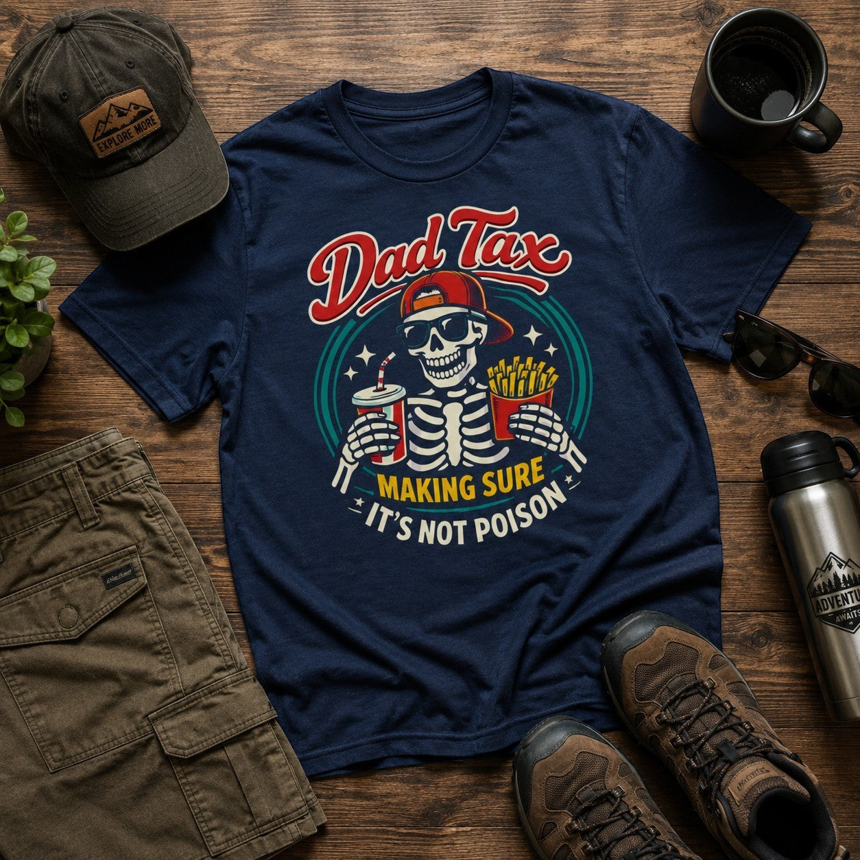 Tea Shirt Shoppe Wholesale navy blue cotton graphic tee with a skeleton wearing sunglasses and a red cap, holding fries and a drink. Text reads "Dad Tax: Making Sure It's Not Poison."
