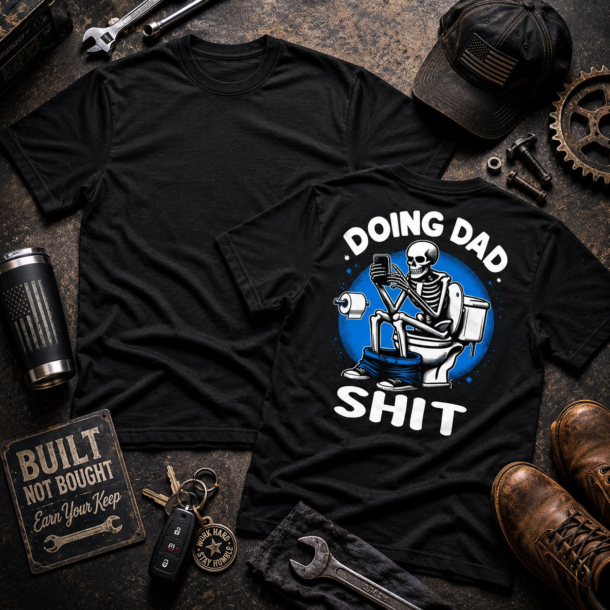 Black graphic tee from Tea Shirt Shoppe Wholesale with a skeleton on the toilet texting, reading "Doing Dad Shit".