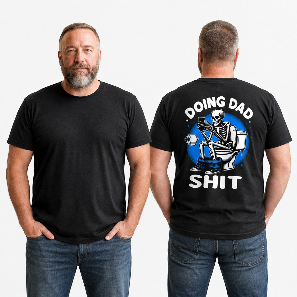 Tea Shirt Shoppe Wholesale black graphic tee with skeleton on toilet reading phone, "Doing Dad Shit" text.