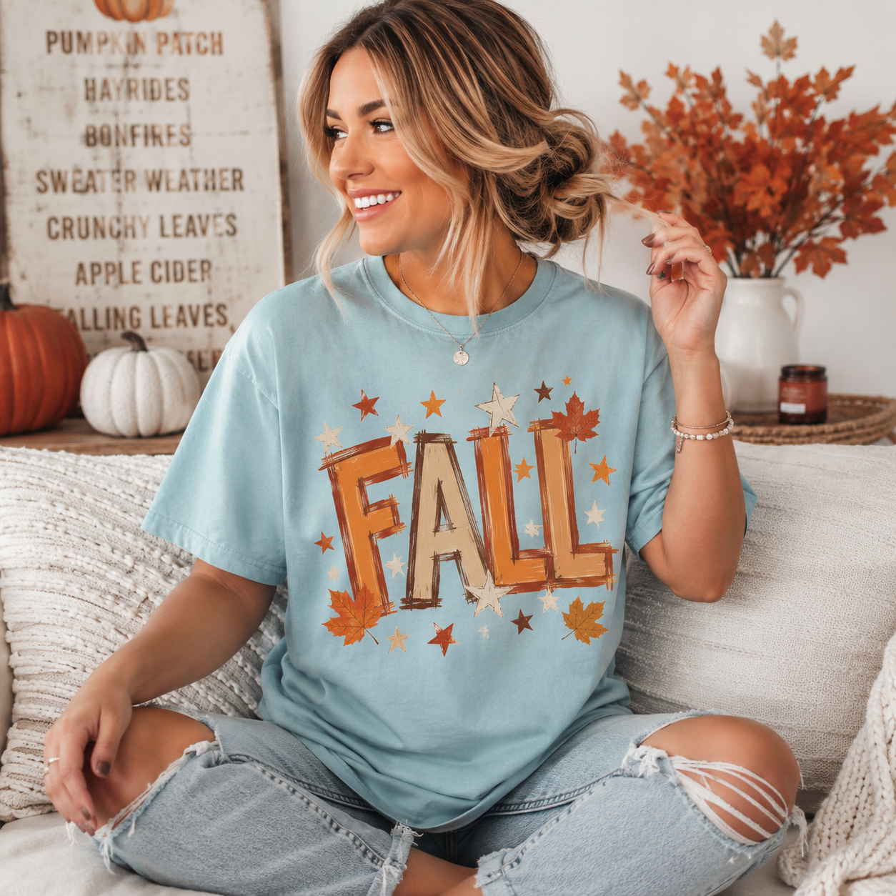 Tea Shirt Shoppe Wholesale light blue Comfort Colors graphic tee featuring a rustic fall-themed design