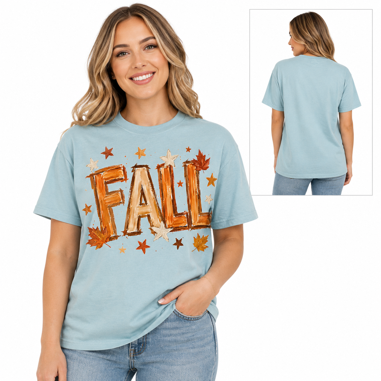 Tea Shirt Shoppe Wholesale light blue Comfort Colors t-shirt with a watercolor FALL graphic and autumn leaf accents.