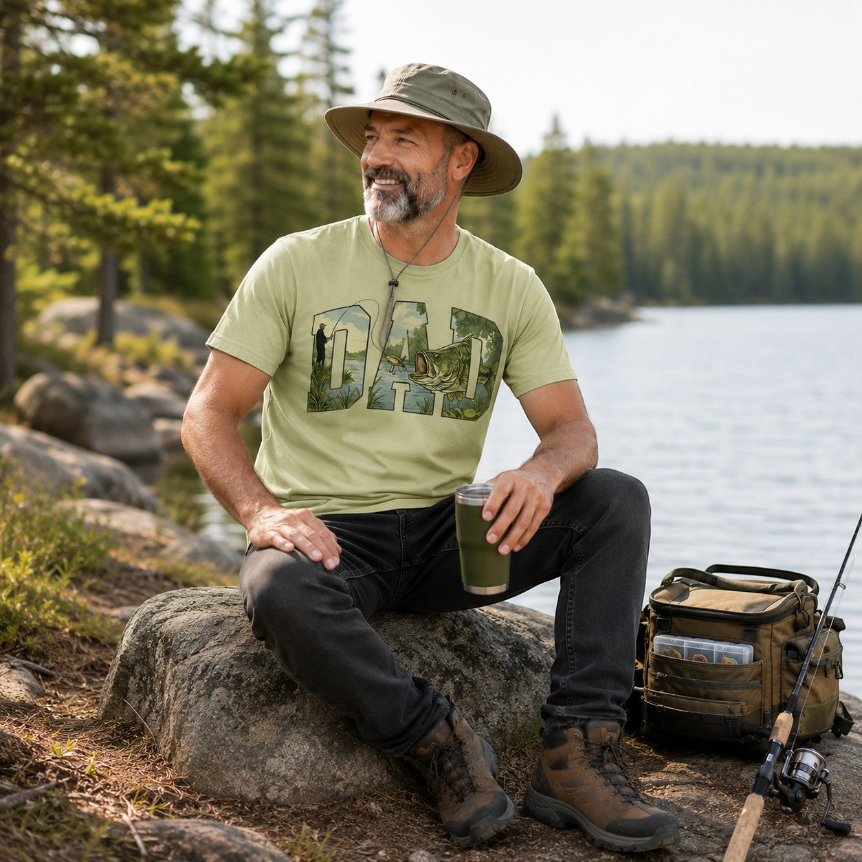 Tea Shirt Shoppe Wholesale light green graphic tee with "DAD" spelled out in a fishing scene. Short sleeves, crew neck.