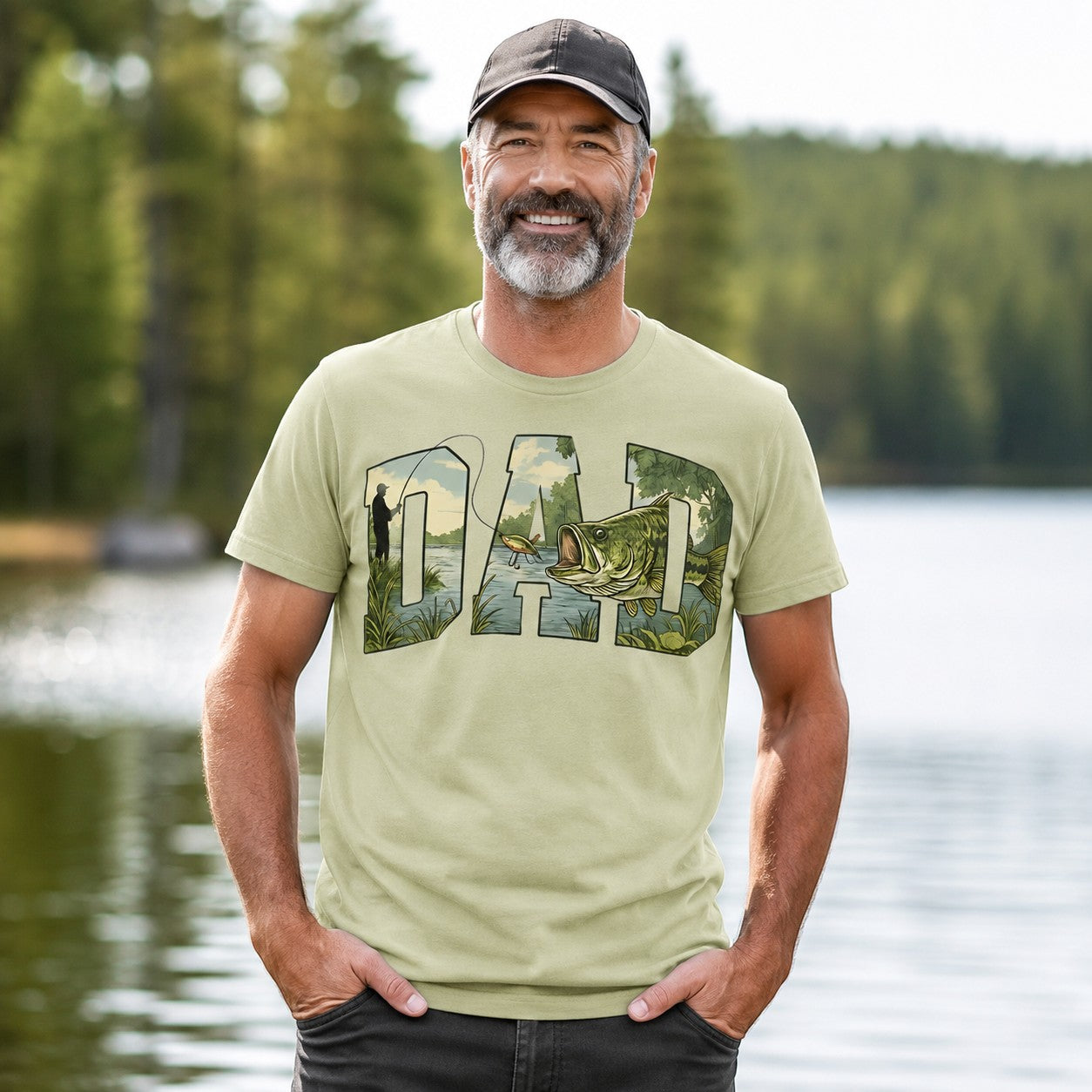 Tea Shirt Shoppe Wholesale light green graphic tee with "DAD" text featuring a fishing scene and bass.