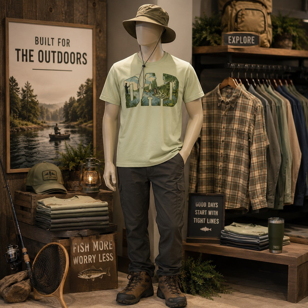 Tea Shirt Shoppe Wholesale light green graphic tee with "DAD" spelled out in a fishing landscape design.