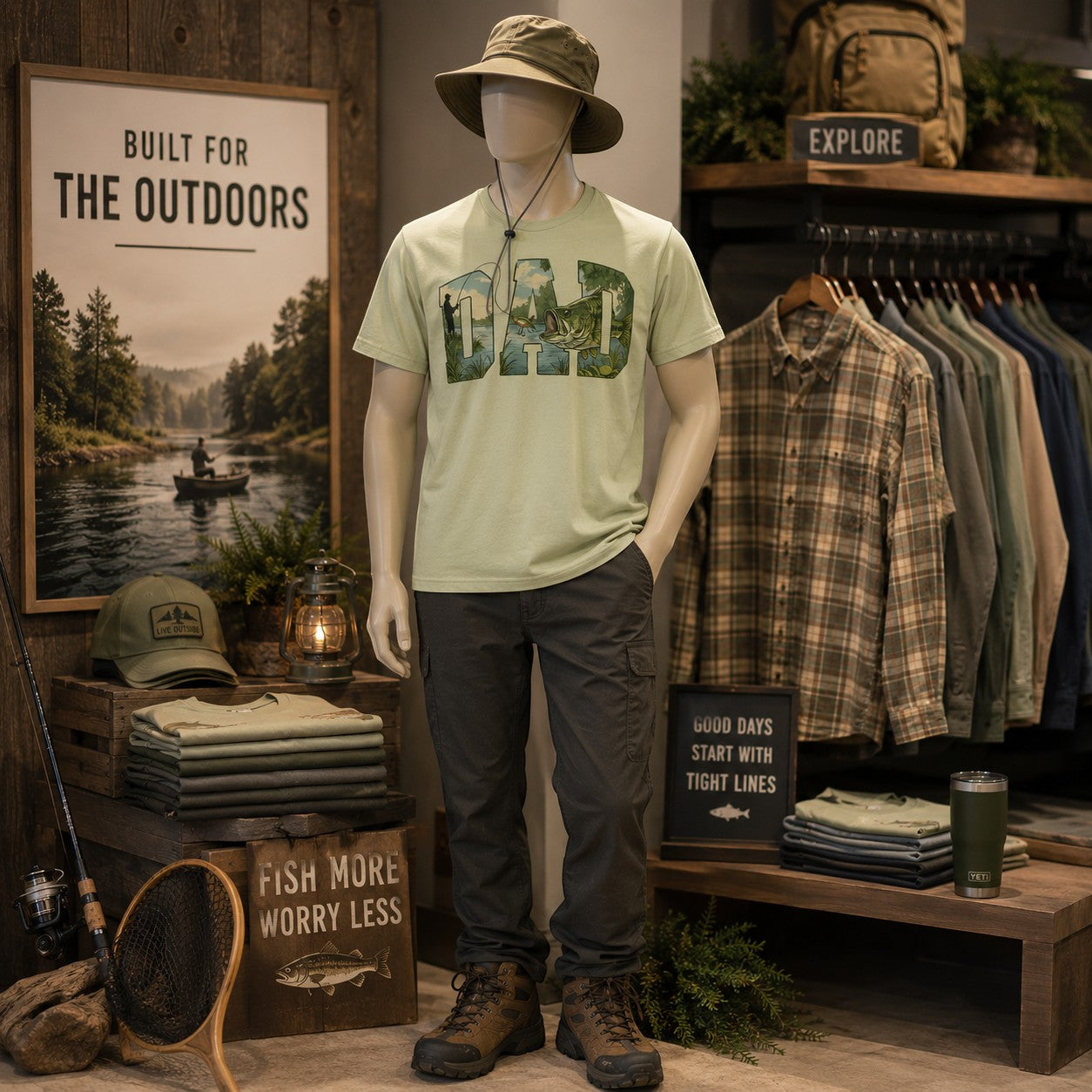 Tea Shirt Shoppe Wholesale light green graphic tee with "DAD" spelled out in a fishing landscape design.