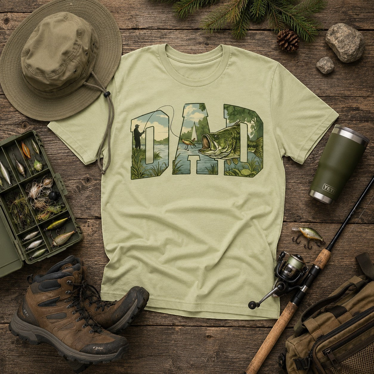 Tea Shirt Shoppe Wholesale light green graphic tee with "DAD" spelled out in a fishing scene. Short sleeves, crew neck.