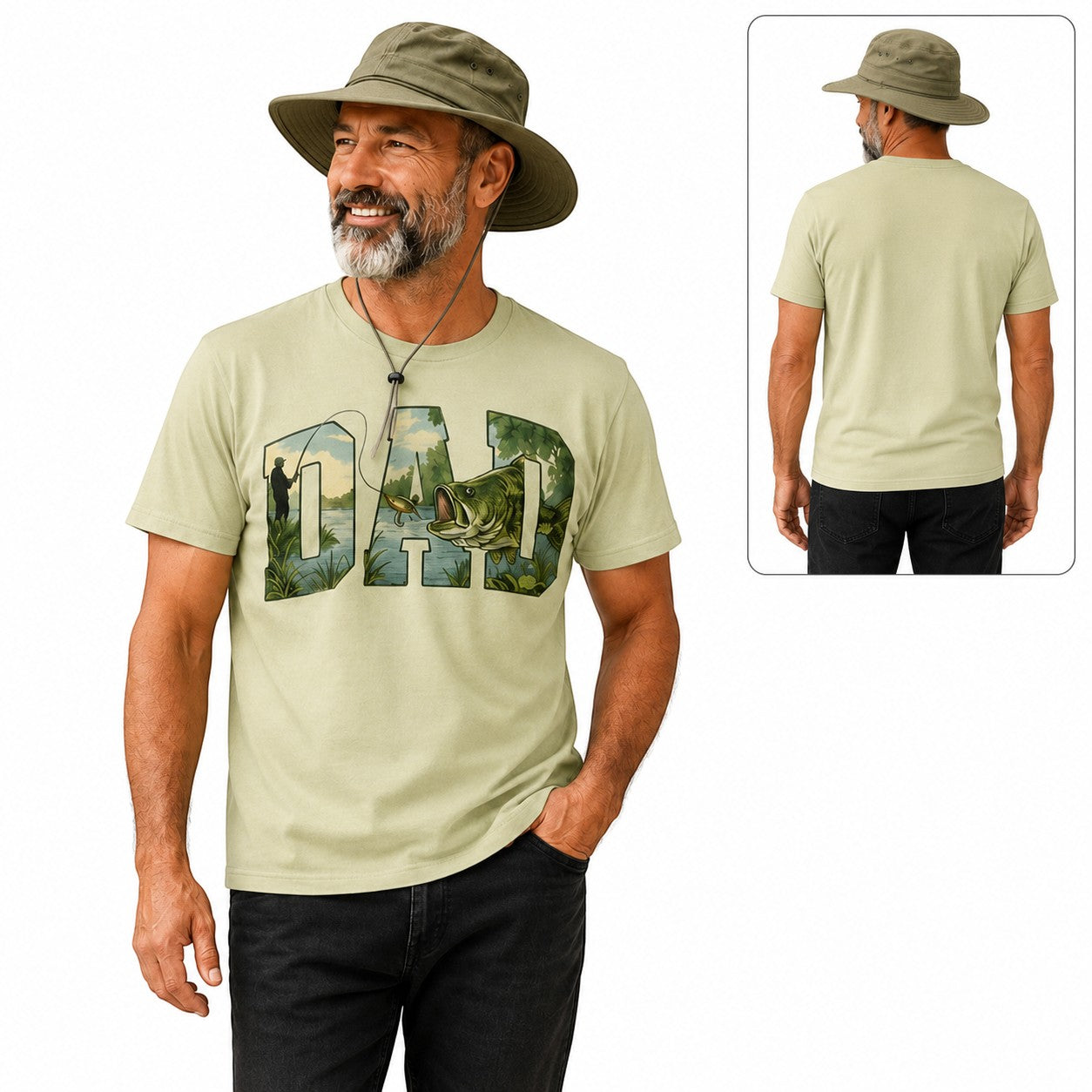 Tea Shirt Shoppe Wholesale light green graphic tee featuring a fishing landscape inside the word DAD on a bearded man