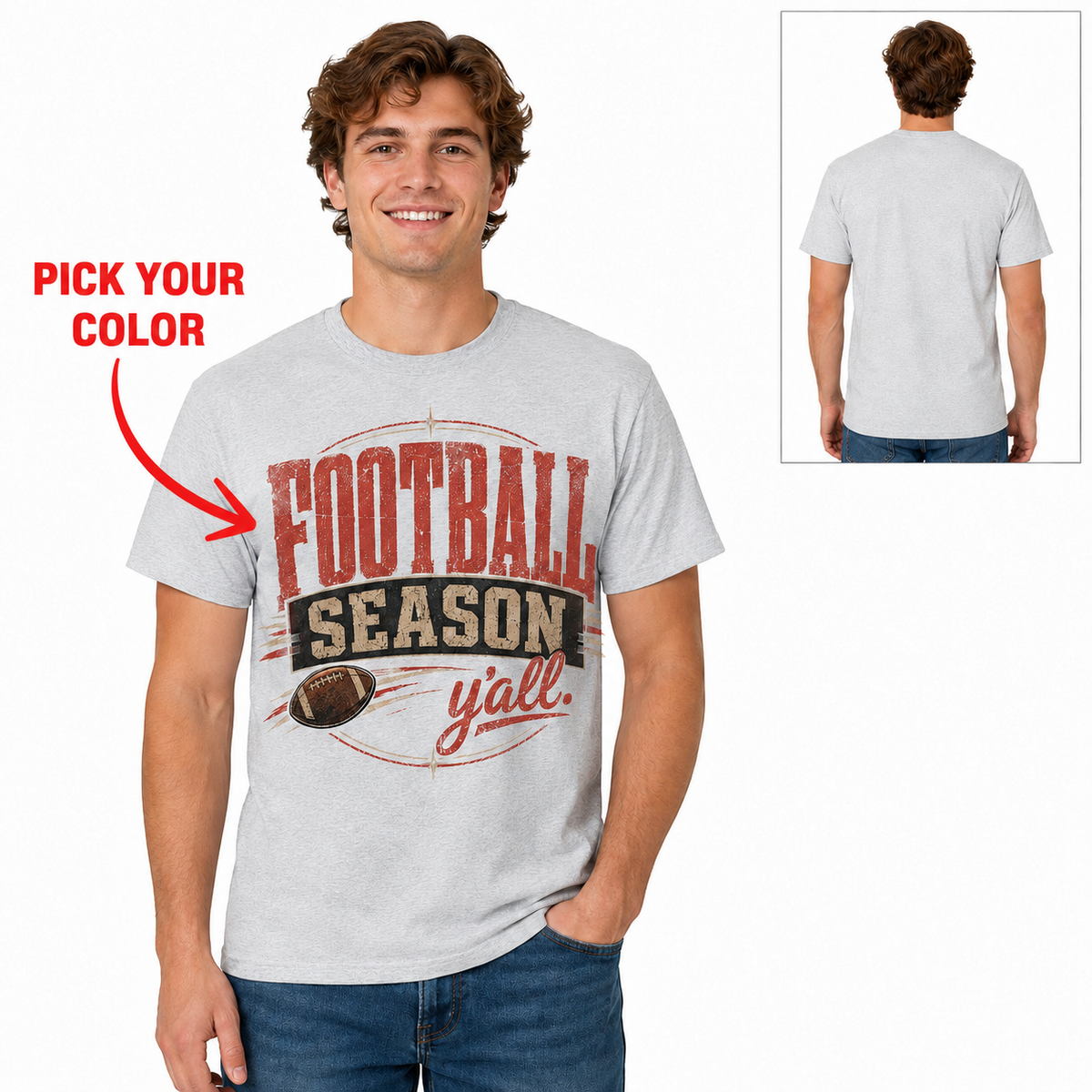 Tea Shirt Shoppe Wholesale heather gray unisex football graphic t-shirt with distressed retro print on a male model.