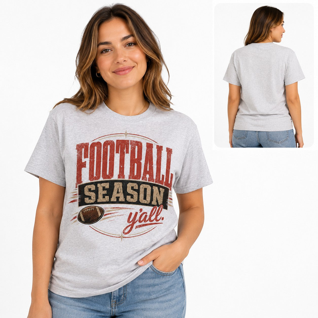 Tea Shirt Shoppe Wholesale ash grey Gildan graphic tee featuring Football Season y'all text and football illustration