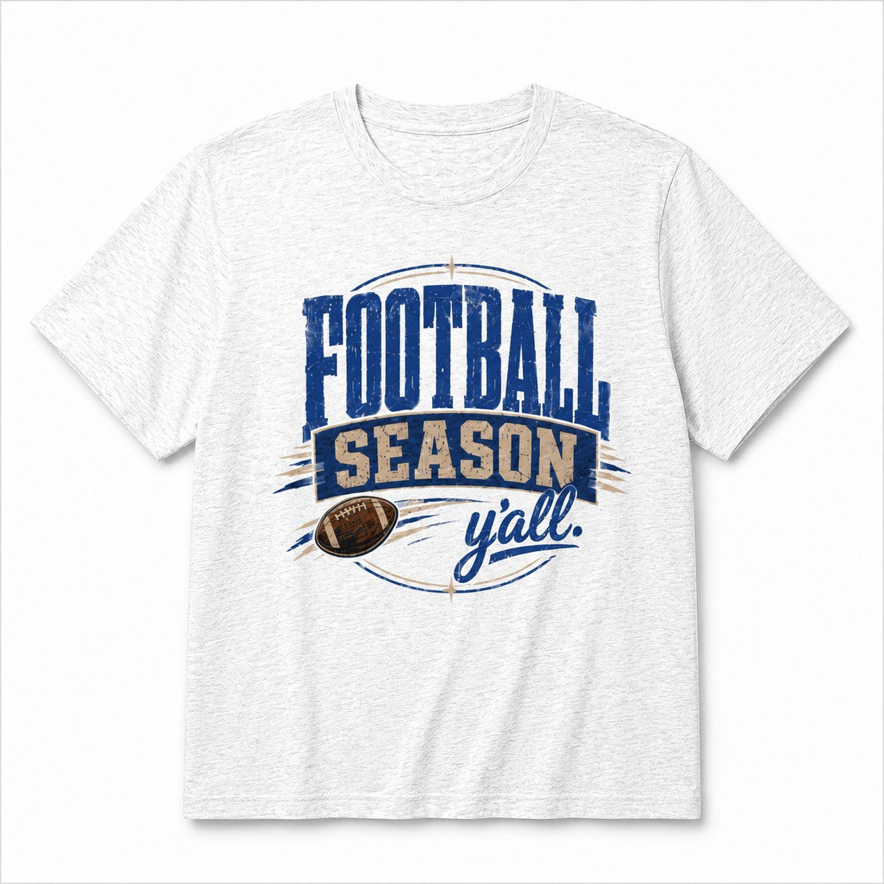 Tea Shirt Shoppe Wholesale ash grey Gildan graphic tee featuring a blue and tan Football Season Y'all print.