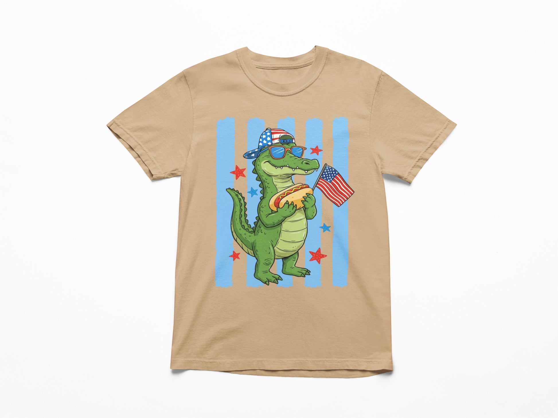 Tea Shirt Shoppe Wholesale tan 100% cotton youth graphic tee with a cartoon alligator wearing sunglasses and a hat, holding a hot dog and an American flag.