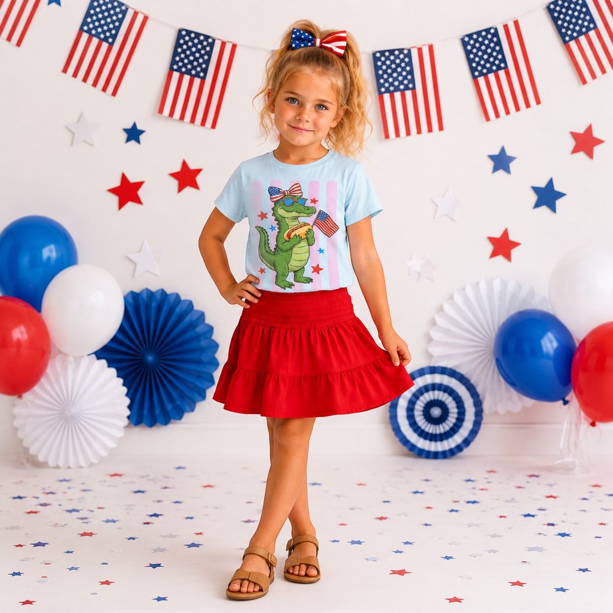 Tea Shirt Shoppe Wholesale light blue 100% cotton graphic tee with a cartoon alligator wearing sunglasses and holding a hot dog and American flag.