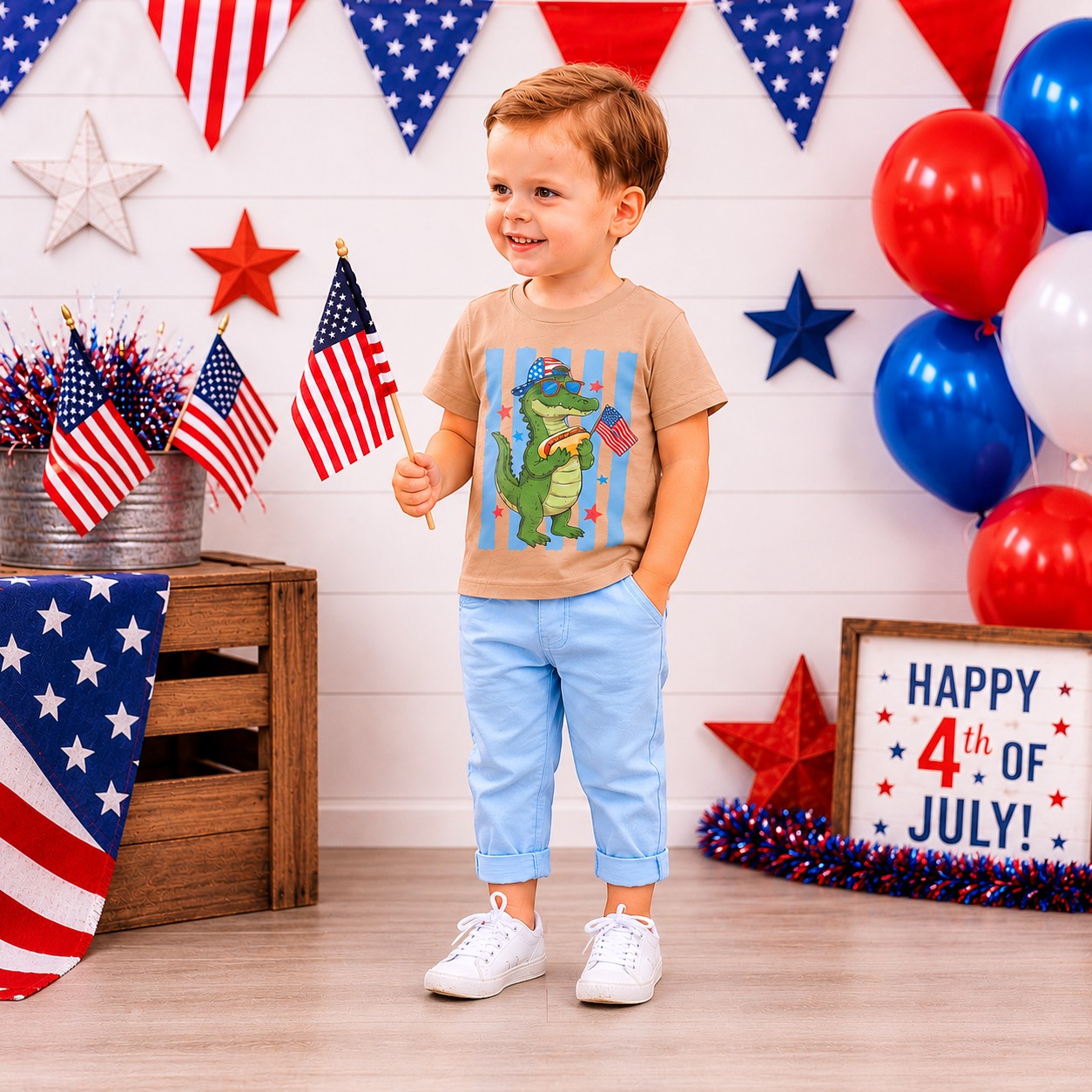 Tea Shirt Shoppe Wholesale tan 100% cotton youth graphic tee with a cartoon alligator wearing sunglasses and holding a hot dog and American flag.