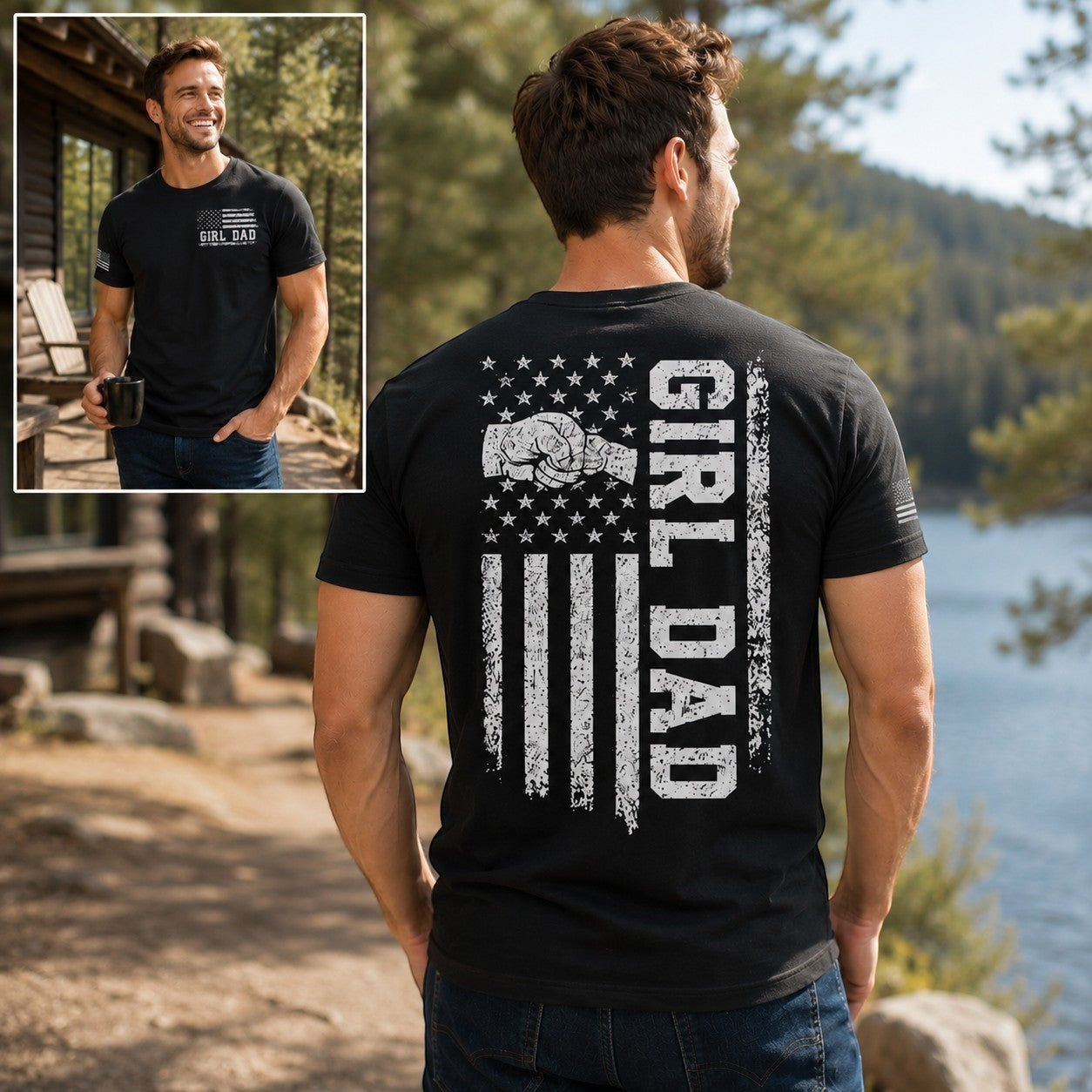 Tea Shirt Shoppe Wholesale black cotton graphic tee with distressed American flag and "Girl Dad" lettering on back.