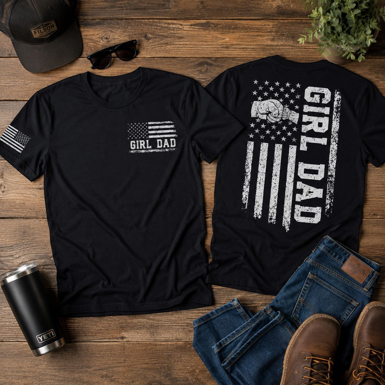 Black cotton graphic tee with distressed American flag and "Girl Dad" lettering on back, and chest print. Tea Shirt Shoppe Wholesale.