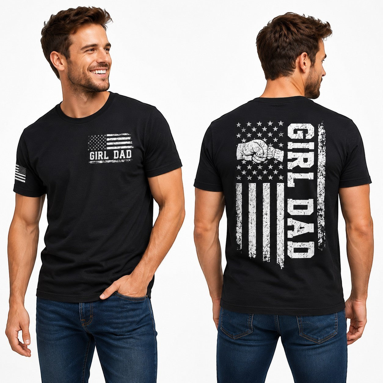 Tea Shirt Shoppe Wholesale black cotton graphic tee with "Girl Dad" text and distressed American flag graphic on front and back.