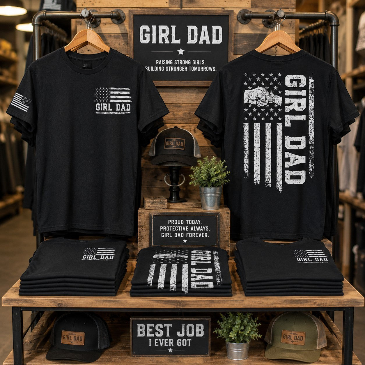 Black cotton graphic tee with distressed American flag and "Girl Dad" lettering on back, and chest print. Tea Shirt Shoppe Wholesale.