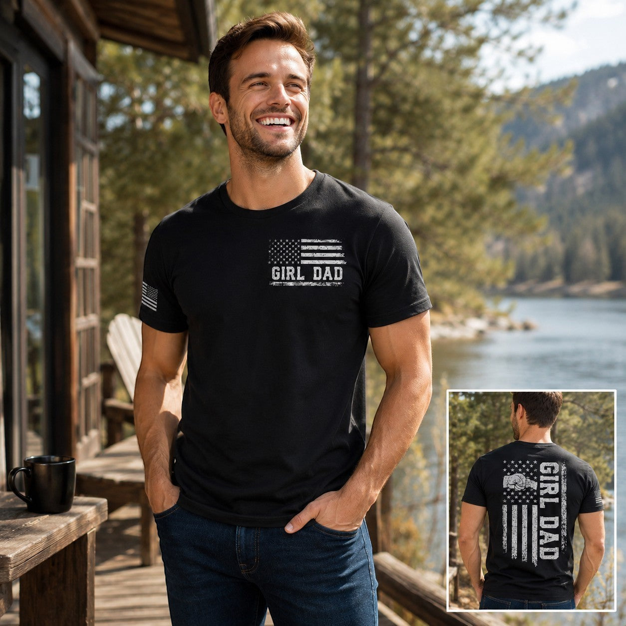 Tea Shirt Shoppe Wholesale black cotton graphic tee with "Girl Dad" and distressed American flag print on front and back.