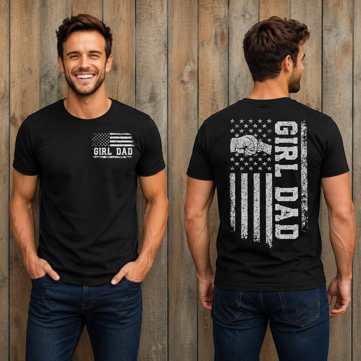 Black cotton graphic tee from Tea Shirt Shoppe Wholesale with distressed American flag and "Girl Dad" text on front and back.
