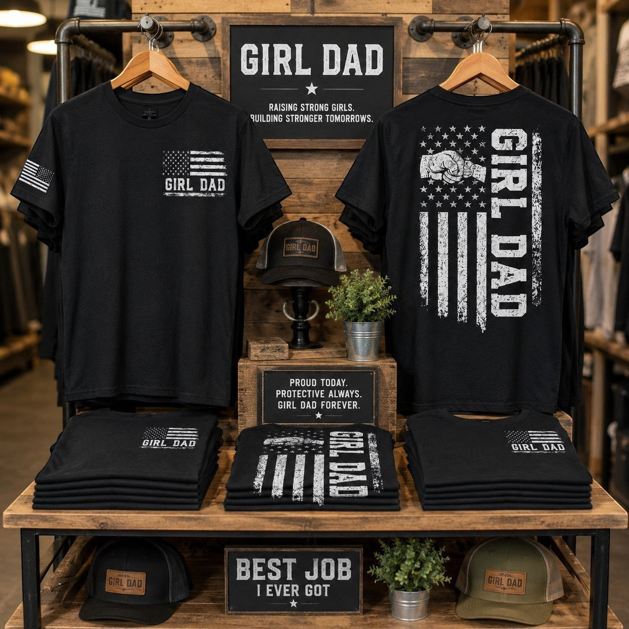 Tea Shirt Shoppe Wholesale black Girl Dad graphic tees with distressed American flag prints on front and back