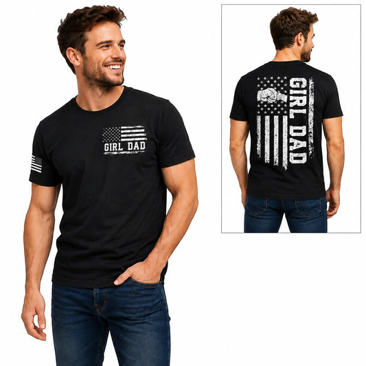 Tea Shirt Shoppe Wholesale black cotton graphic tee featuring a distressed American flag and Girl Dad text design.