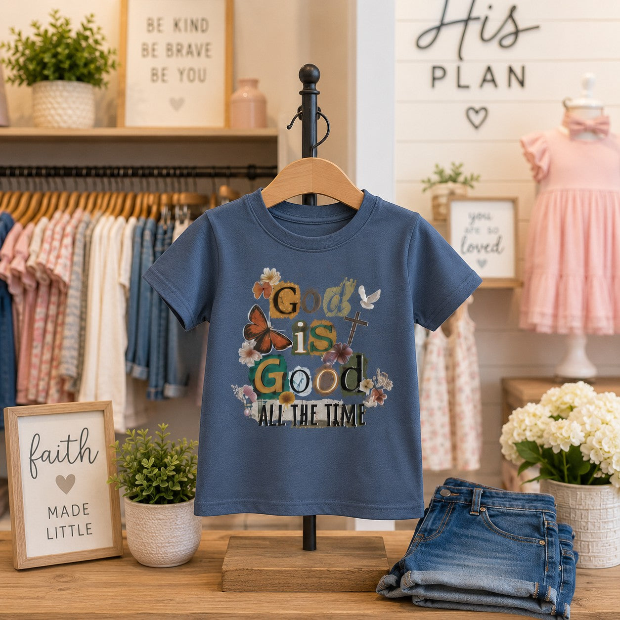 Tea Shirt Shoppe Wholesale dusty blue cotton youth graphic t-shirt with floral, butterfly, and faith-based design.